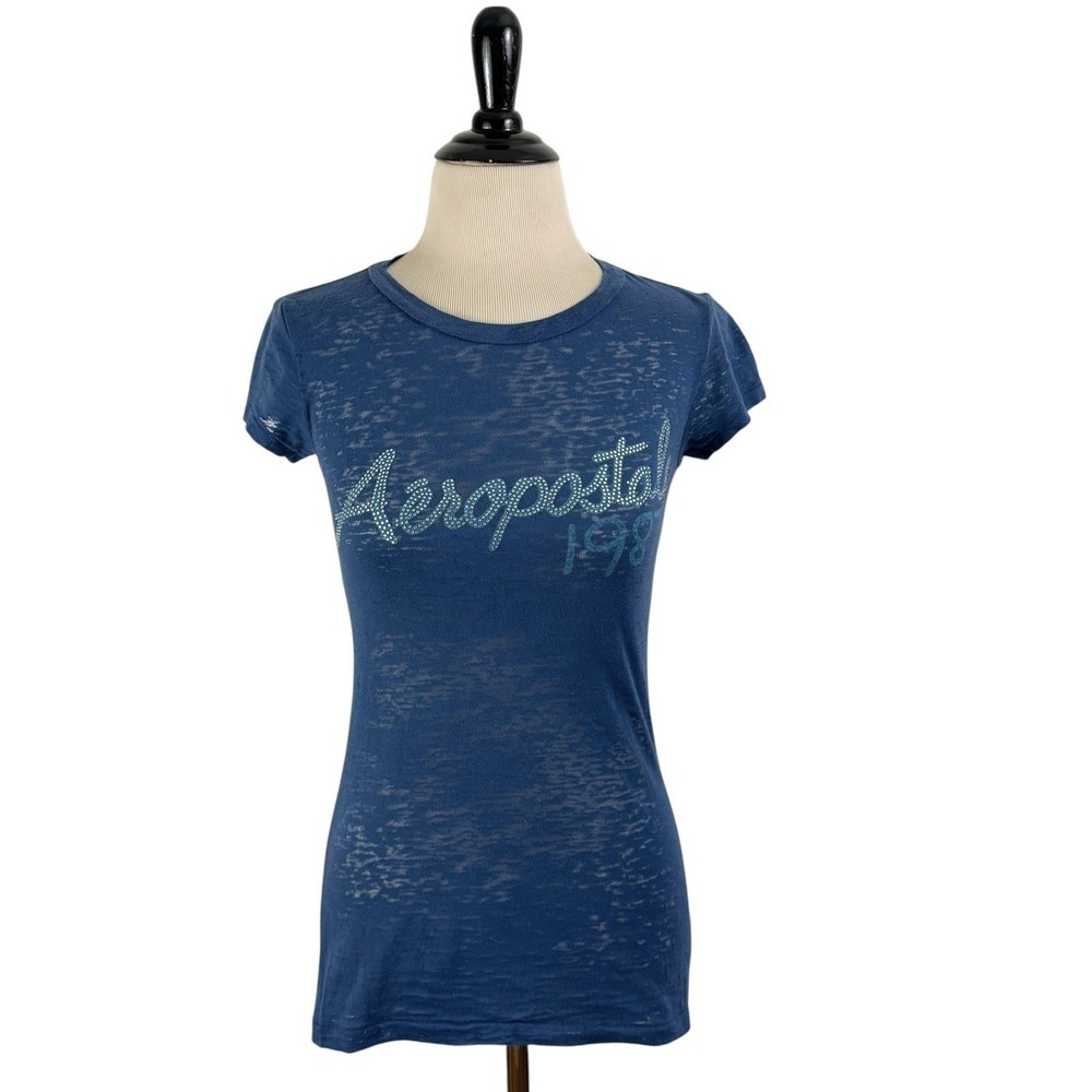AEROPOSTALE 1987 Y2K Vintage Burnout TEE T-Shirt TOP S Logo Spellout Beaded Blue